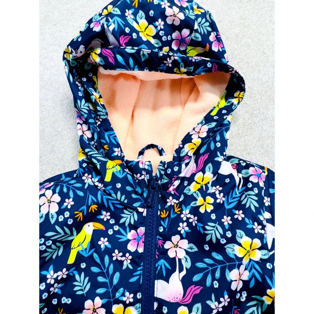 Carter's Hooded Jacket Baby Girls 12m Navy Blue Floral Unicorn Toucan Fleece